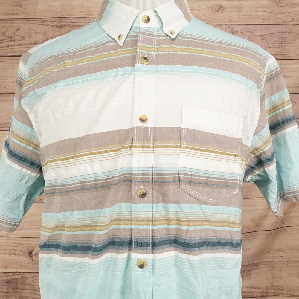 Tommy Bahama Shirt Mens XL Blue Tan Stripe Short Sleeve Button-Up Cotton Casual